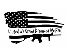 Load image into Gallery viewer, United We Stand Disarmed We Fall Rifle American Flag | Custom Precision Die Cut Vinyl Decal Sticker (Small Sizes)