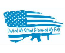 Load image into Gallery viewer, United We Stand Disarmed We Fall Rifle American Flag Custom Precision Die Cut Vinyl Decal Sticker Design Style Graphics