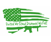 Load image into Gallery viewer, United We Stand Disarmed We Fall Rifle American Flag Custom Precision Die Cut Vinyl Decal Sticker Design Style Graphics